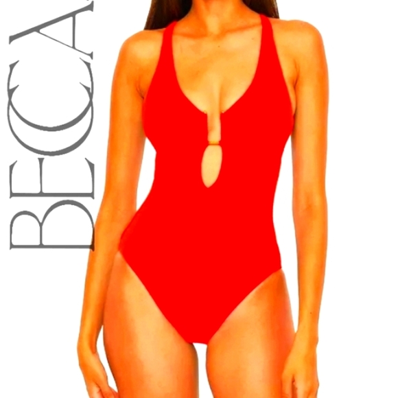 NWT BECCA BY REBECCA VIRTUE Modern Edge Ribbed Plunge-Neck Swimsuit -FIRE - Picture 1 of 5